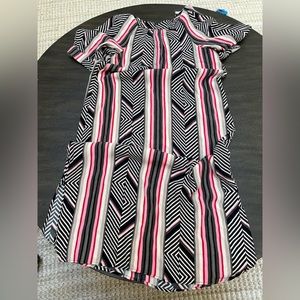 Anthropologie (basically new!) midi dress, tan, black, pink and red pattern.